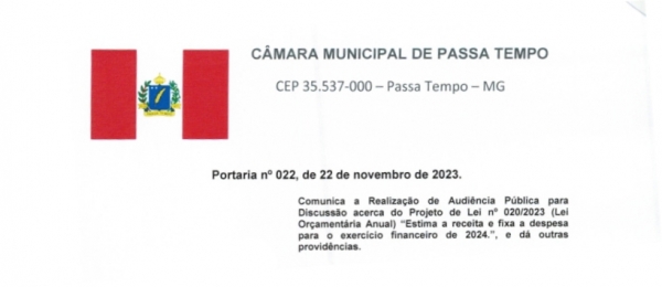 Portaria n° 22/2023 - Comunica realização de Audiência Pública - LOA - Lei Orçamentária Anual - Exercício 2024